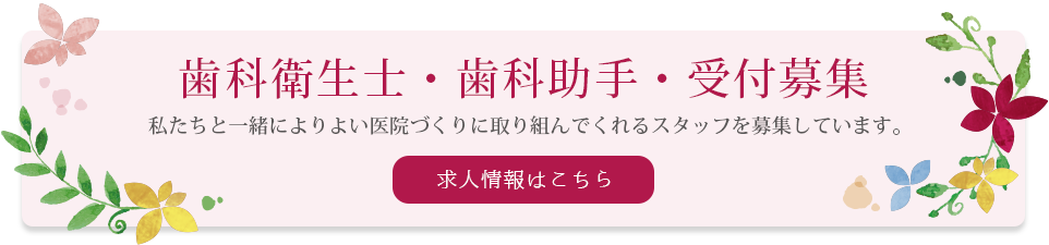 歯科衛生士・歯科助手・受付募集 私たちと一緒によりよい医院づくりに取り組んでくれるスタッフを募集しています。 求人情報はこちら